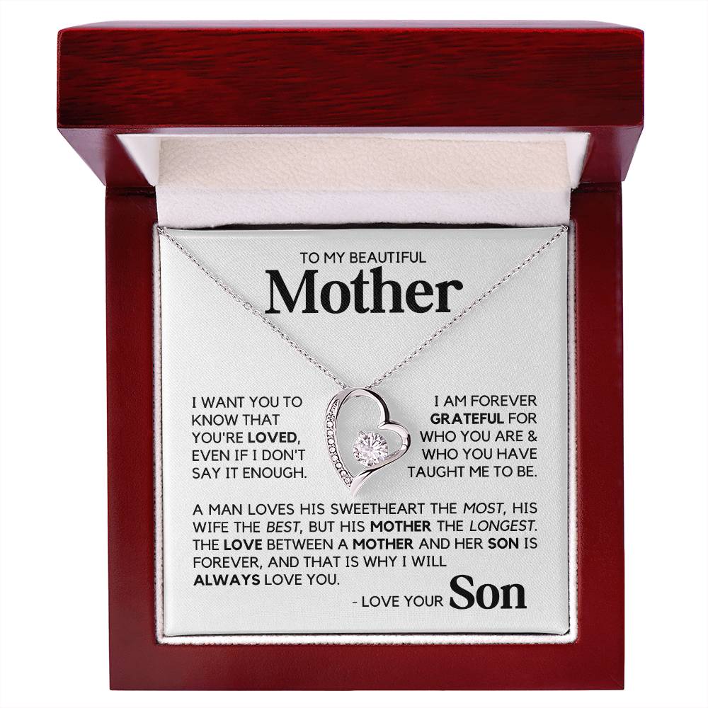 To My Mother - Forever Love - Heart Necklace - White Gold Finish - Luxury Box w/LED