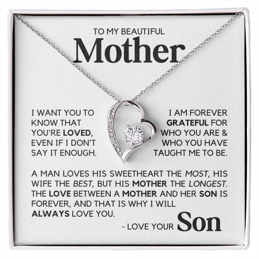 To My Mother - Forever Love - Heart Necklace - White Gold Finish - Two-tone Box