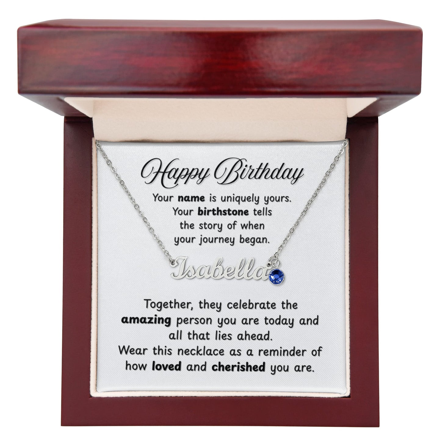 Happy Birthday Necklace with Personalized Name and Birthstone