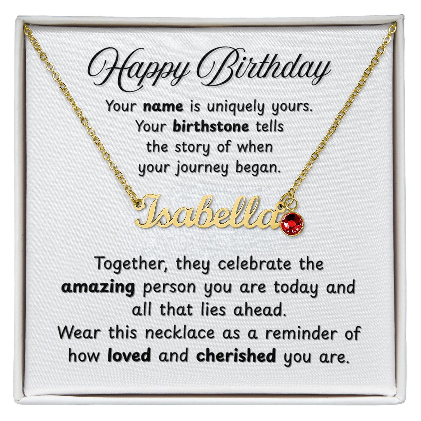 Happy Birthday Necklace with Personalized Name and Birthstone
