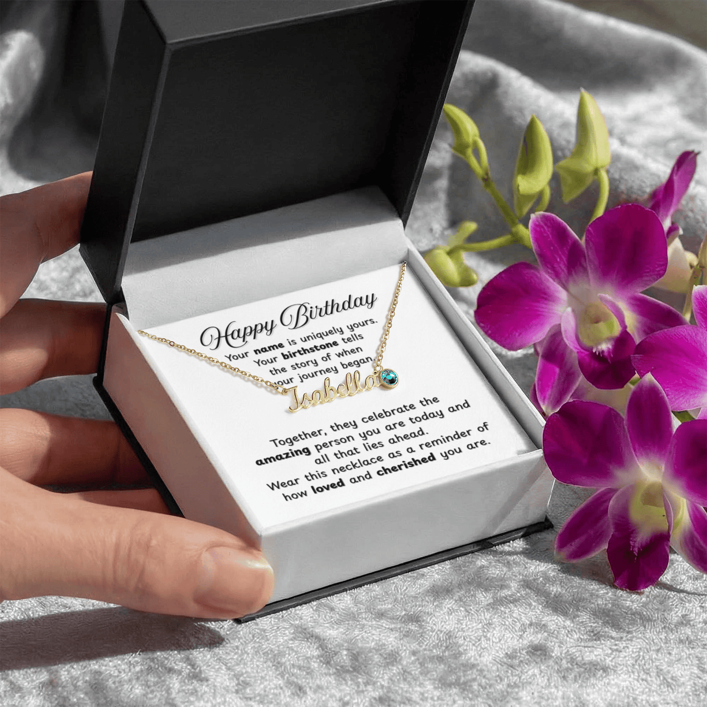 Happy Birthday Necklace with Personalized Name and Birthstone