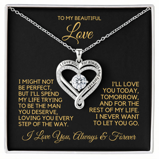 Heart shape necklace with cubic zirconia stones and writing that says, "I love you for always and forever" in a gift box with message card.
