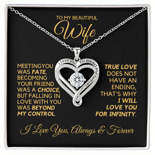 Heart shape necklace with cubic zirconia stones and writing that says, "I love you for always and forever" in a gift box with message card.