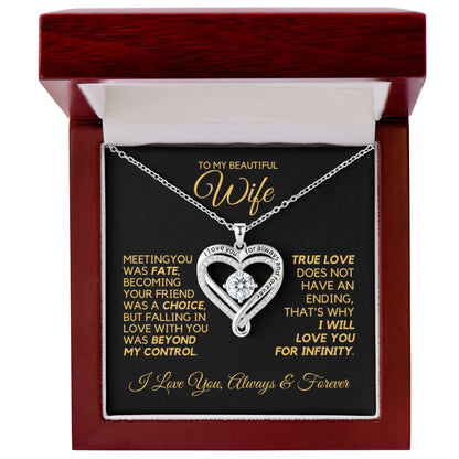 Heart shape necklace with cubic zirconia stones and writing that says, "I love you for always and forever" in a gift box with message card.