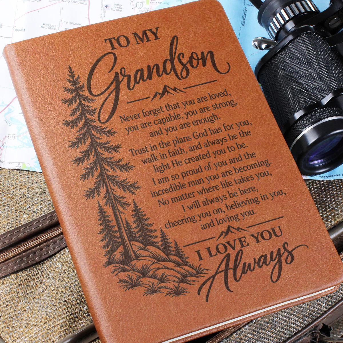 To My Grandson - Trust God's Plans For You - Engraved Leather Journal