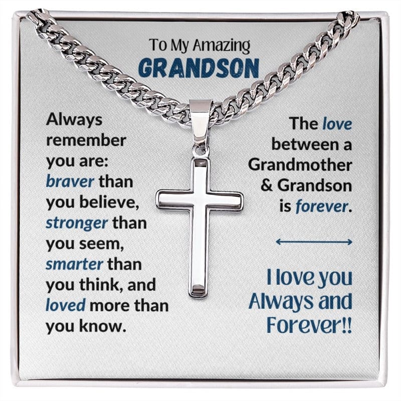 Amazing Grandson - Stronger Braver Smarter - Cuban Chain Cross Necklace - With Engraving - Two-toned box