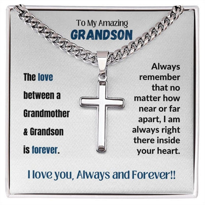 My Amazing Grandson - Cuban Chain Cross Necklace - With Engraving - Two-toned box