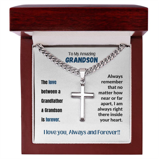 My Amazing Grandson/Grandfather - Cuban Chain Cross Necklace - With Engraving Luxury LED box