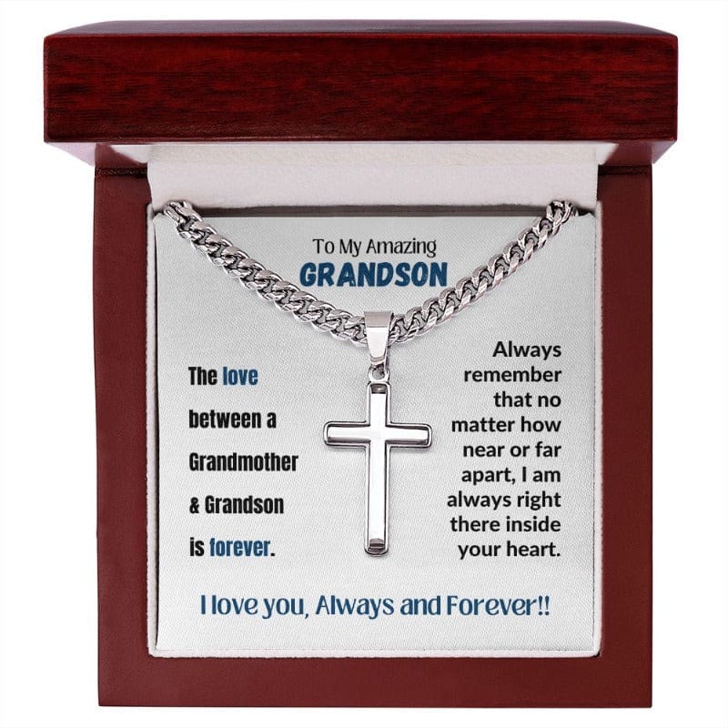 My Amazing Grandson - Cuban Chain Cross Necklace - With Engraving - Mahogany-style box