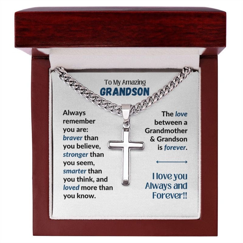 Amazing Grandson - Stronger Braver Smarter - Cuban Chain Cross Necklace - With Engraving - Mahogany-style box