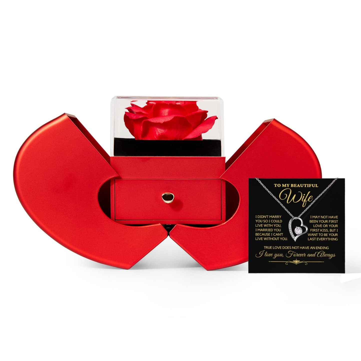 To My Wife - I Can't Live Without You - Necklace with Red Heart Rose Box