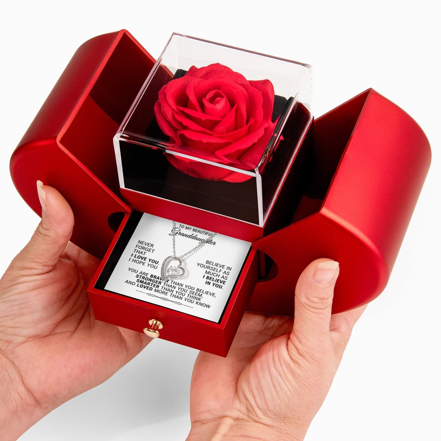 Granddaughter Love Necklace with Red Heart Rose Box