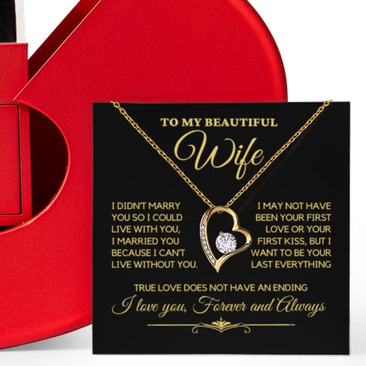 To My Wife - I Can't Live Without You - Necklace with Red Heart Rose Box