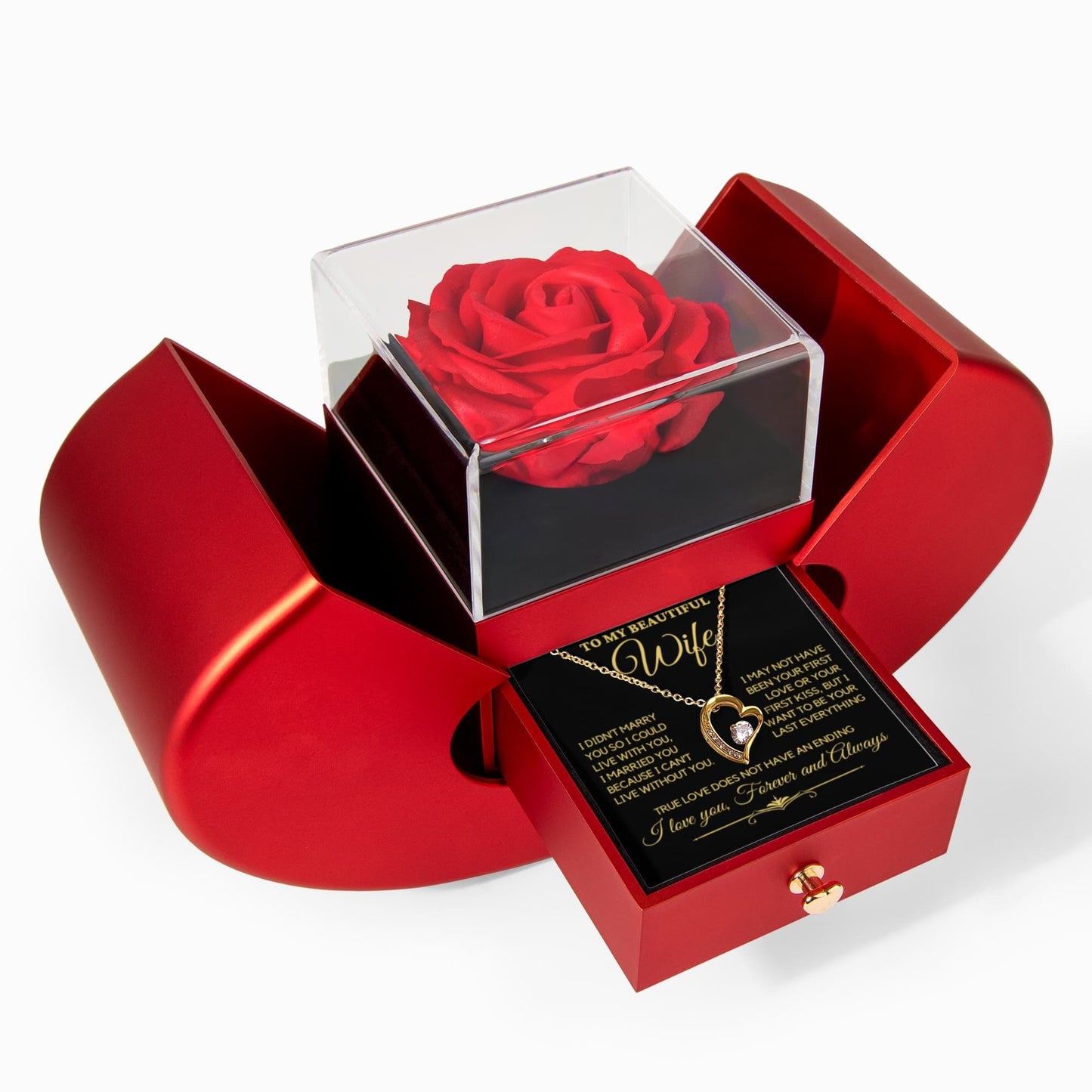 To My Wife - I Can't Live Without You - Necklace with Red Heart Rose Box