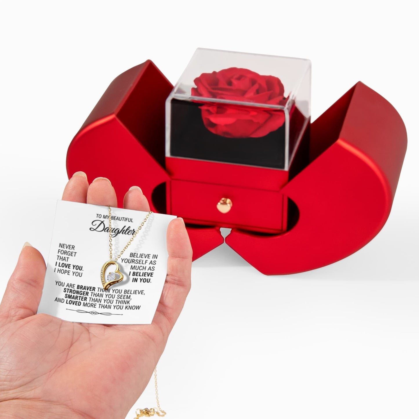 Daughter Love Necklace with Red Heart Rose Box