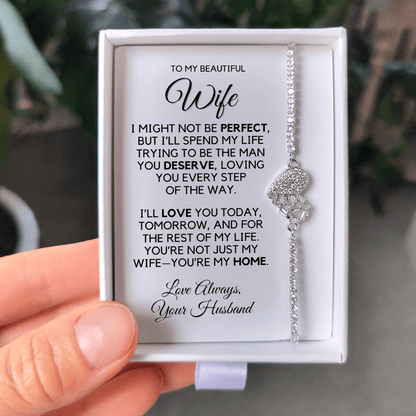 Photo of the Rhodium finish bracelet on the message card in the gift box